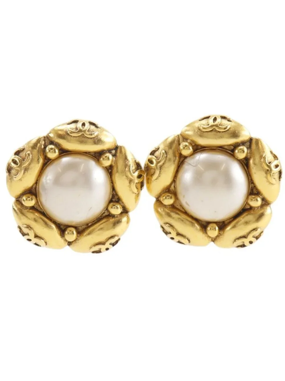 Chanel CC Logo Flower Vintage Gold Plated Faux Pearl Earrings